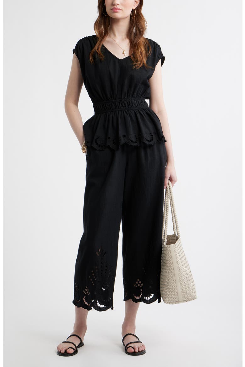 Eyelet Hem Peplum Top, Alternate, color, BLACK