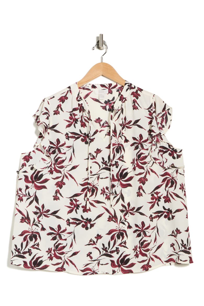 Ruffle Tie Neck Top, Alternate, color, IVORY- BURG SUNSET FLORAL