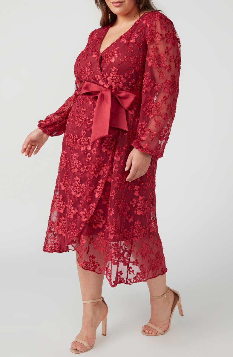 Estelle Radiance Glow Long Sleeve Faux Wrap Midi Dress, Alternate, color, Raspberry