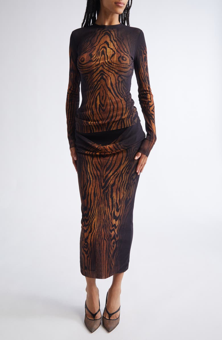 Jean Paul Gaultier Stripe Long Sleeve Mesh Top, Alternate, color, Black/ Brown