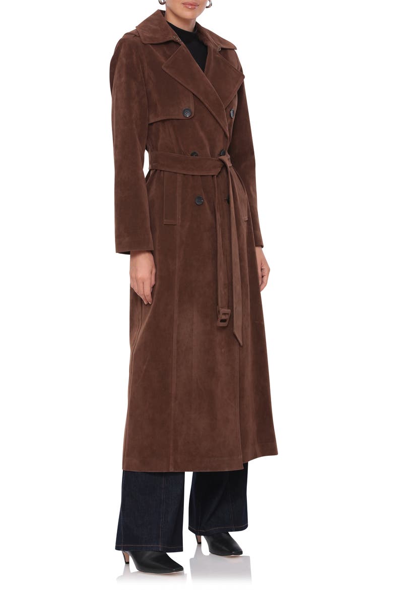 Faux Suede Double Breasted Maxi Trench Coat, Alternate, color, BRUNETTE