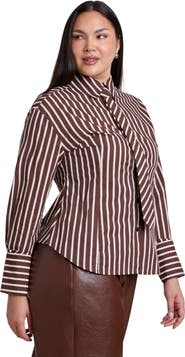 ELOQUII Striped Poplin Button Up Top With Tie