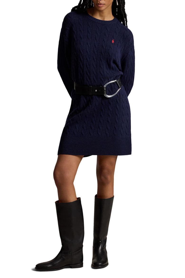 Cable Knit Sweater Dress, Main, color, HUNTER NAVY