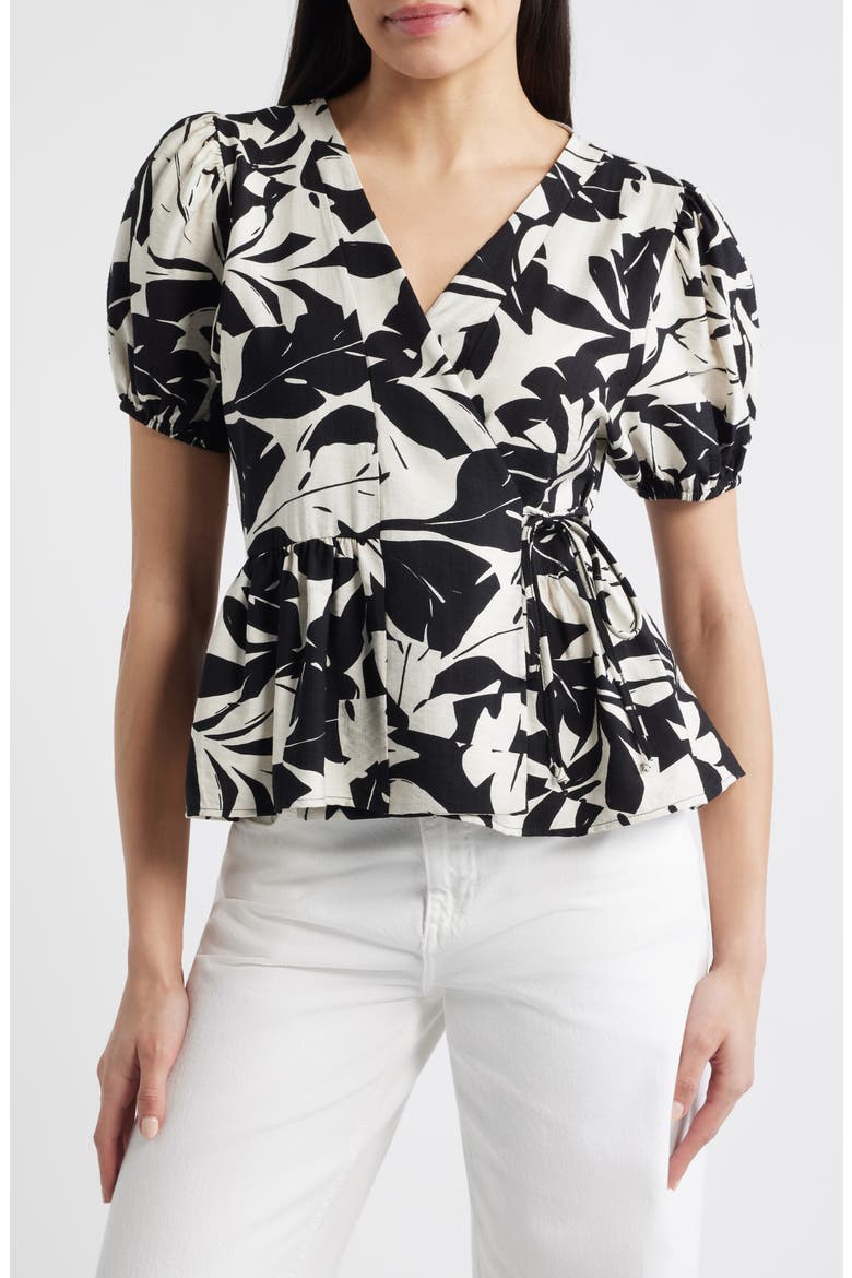 Abstract Leaf Print Wrap Top, Main, color, IVORY/ BLACK
