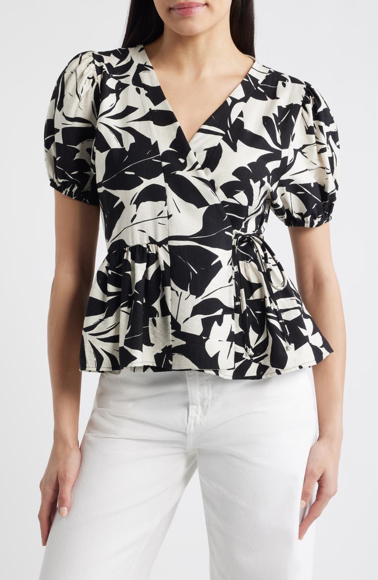 Loveappella Abstract Leaf Print Wrap Top, Main, color, 