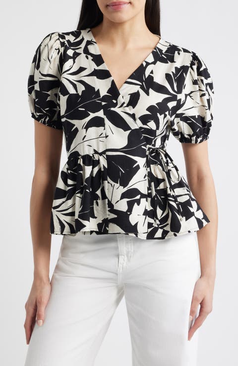 Abstract Leaf Print Wrap Top