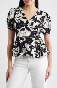 Loveappella Abstract Leaf Print Wrap Top