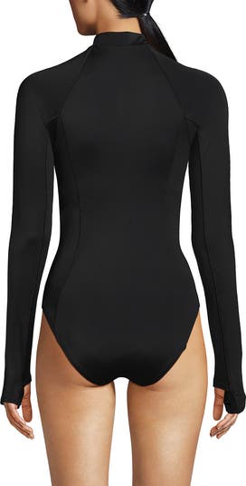 Chlorine Resistant Zip Front Long Sleeve Tugless Sporty One Piece Swimsuit