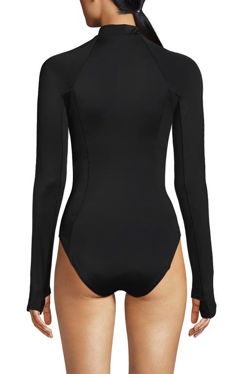 Lands' End Chlorine Resistant Zip Front Long Sleeve Tugless Sporty One Piece Swimsuit In Black