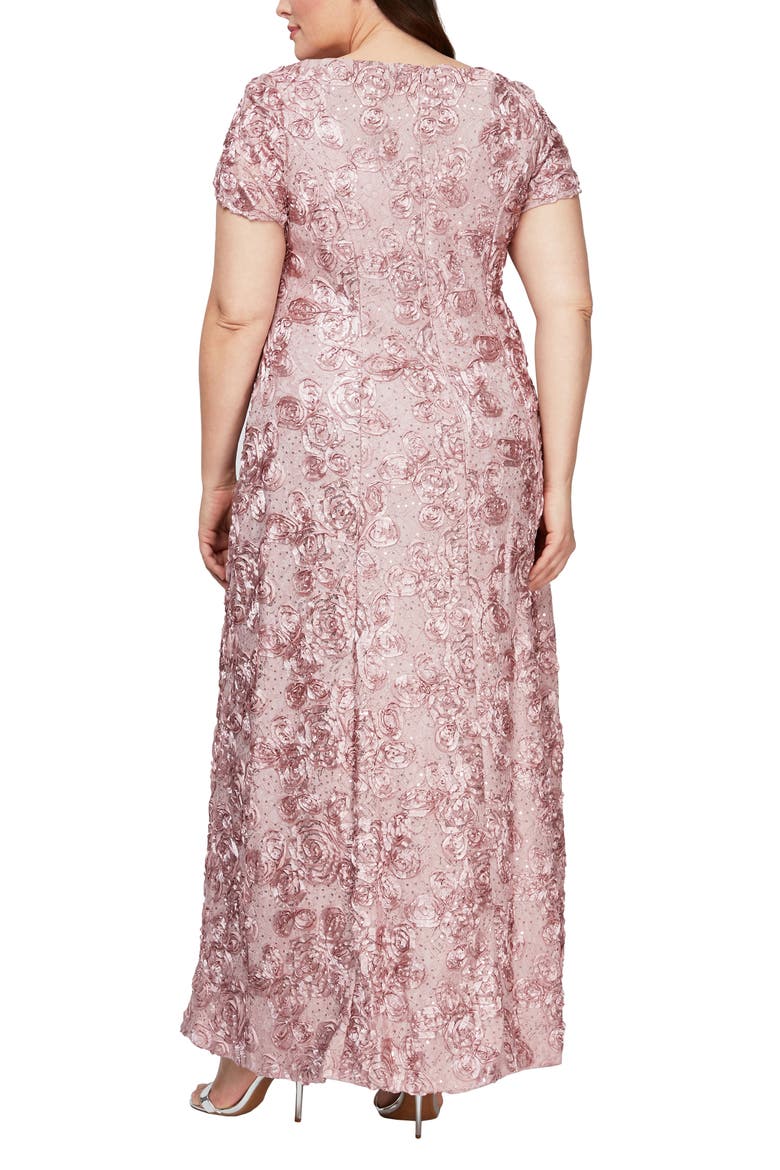 Rosette Lace Short Sleeve A-Line Gown, Alternate, color, ROSE