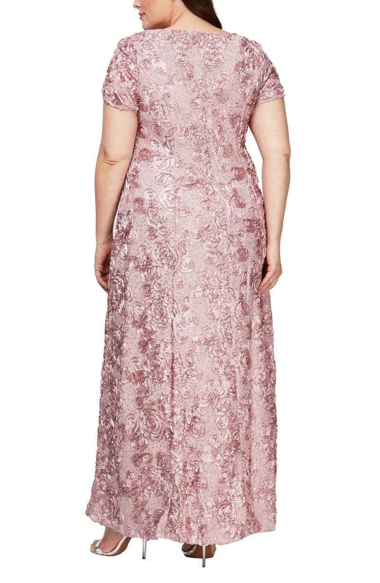 Alex Evenings Rosette Lace Short Sleeve A-Line Gown, Alternate, color, Rose