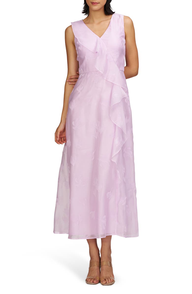 JS Collections Geneva Floral Jacquard Ruffle Detail Cocktail Dress, Main, color, Pale Lilac