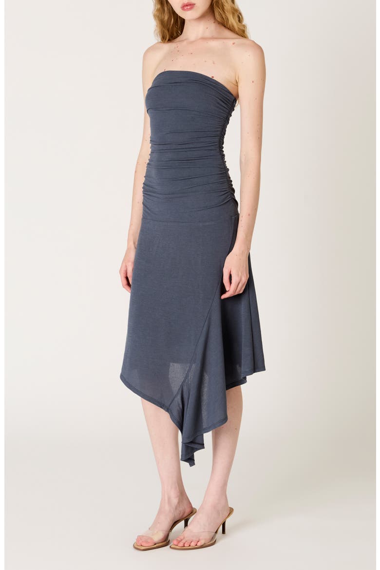 Sabela Ruched Strapless Asymmetric Midi Dress, Alternate, color, INDIGO