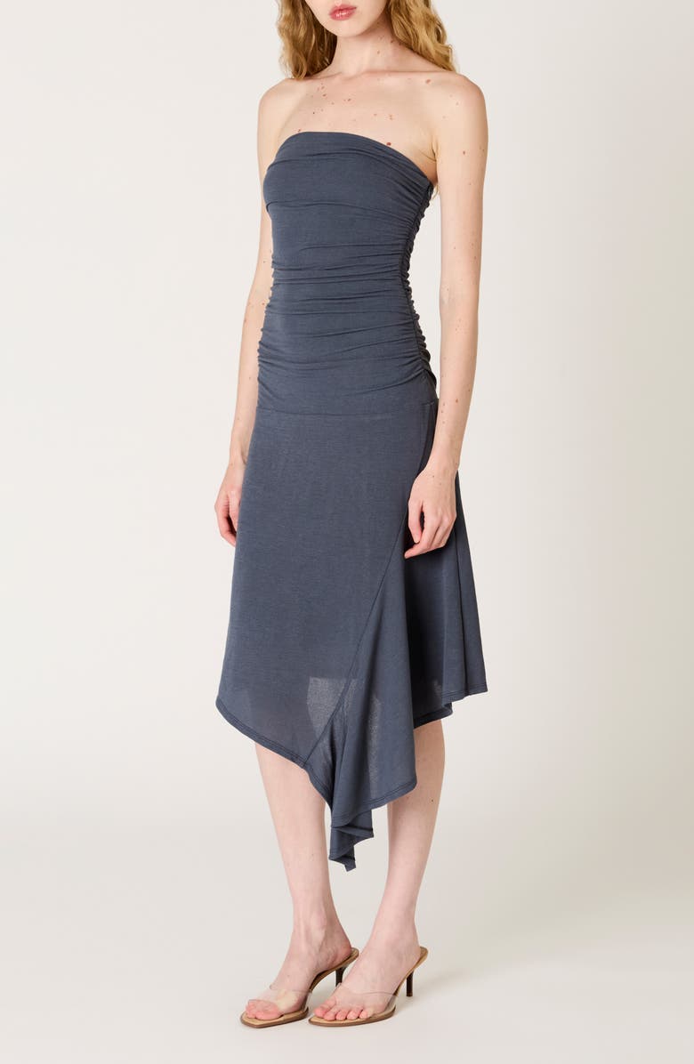 Nia Sabela Ruched Strapless Asymmetric Midi Dress, Alternate, color, Indigo