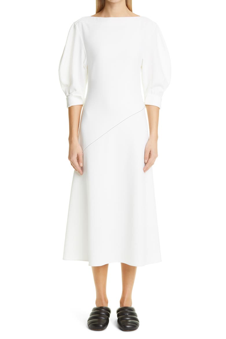 Puff Sleeve Crepe Dress, Main, color, OFF WHITE