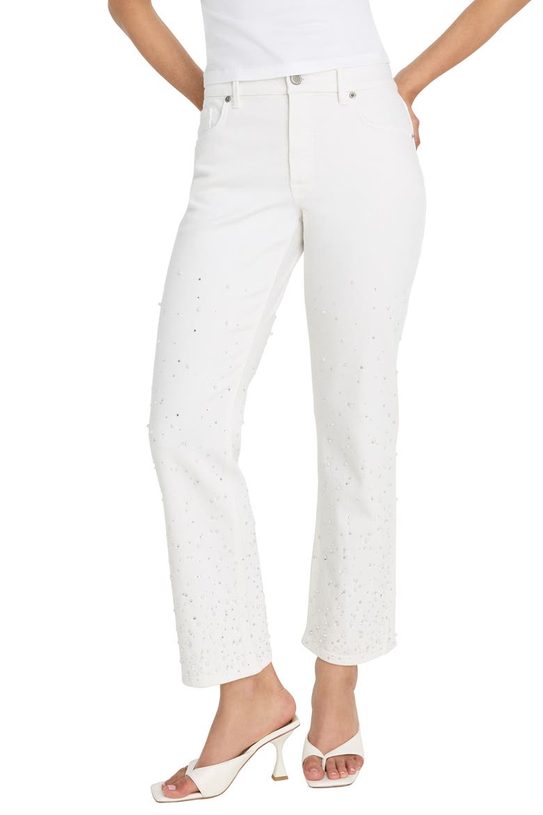 Good Icon Faux Pearl Embellished High Waist Straight Leg Crop Jeans, Main, color, WHITE001