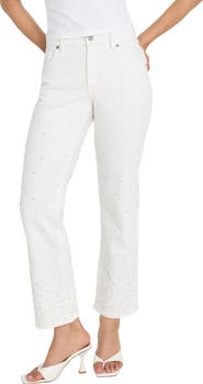 Good American Good Icon Faux Pearl Embellished High Waist Straight Leg Crop Jeans