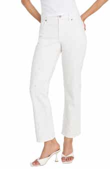Good Icon Faux Pearl Embellished High Waist Straight Leg Crop Jeans