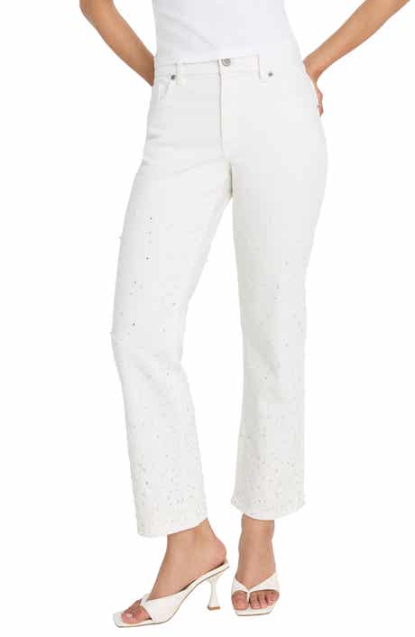 Good American Good Icon Faux Pearl Embellished High Waist Straight Leg Crop Jeans
