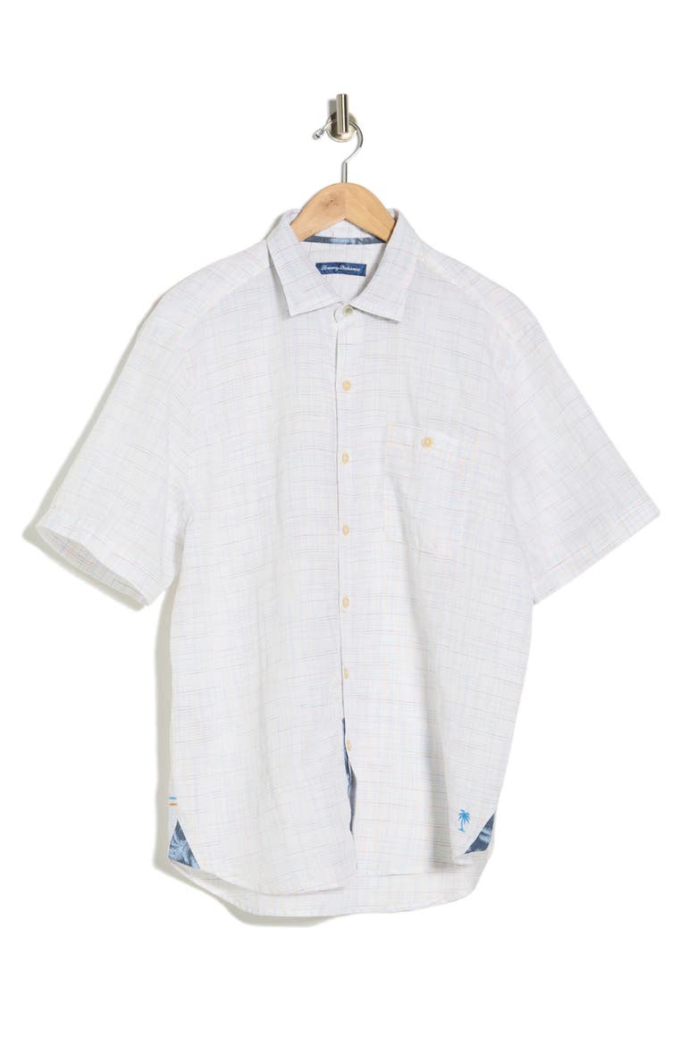 Sand Prism Linen Blend Check Short Sleeve Button-Up Shirt, Alternate, color, WHITE