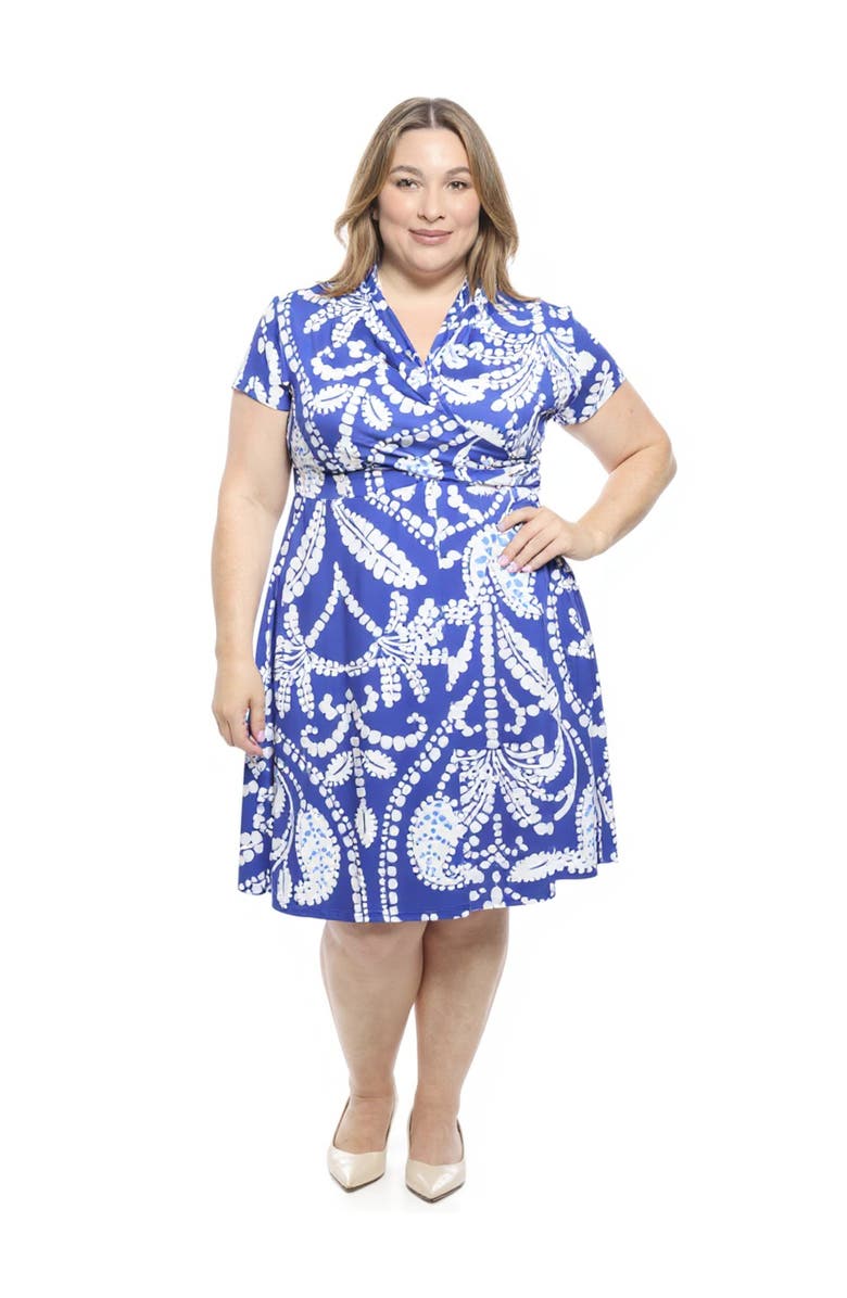 24seven Comfort Apparel Plus Size Paisley V-Neck Faux Wrap Knee Length A-Line Dress, Main, color, Blue Multi