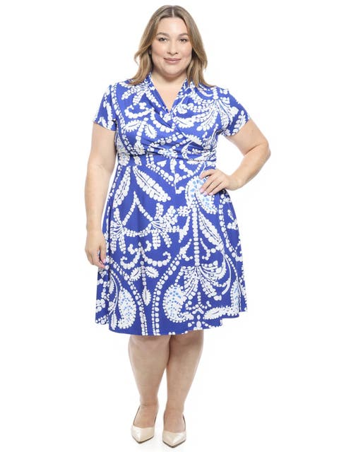 Plus Size Paisley V-Neck Faux Wrap Knee Length A-Line Dress