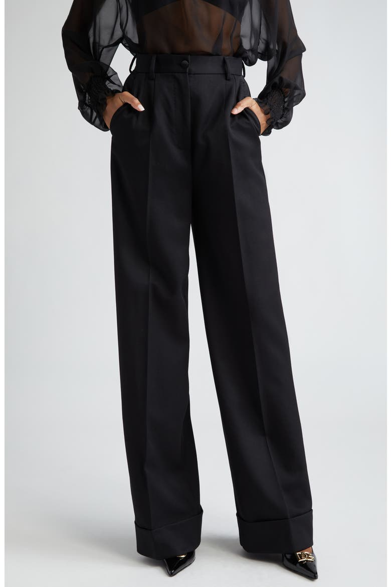 Pleated Cuff Hem Virgin Wool & Silk Trousers, Main, color, N0000 NERO