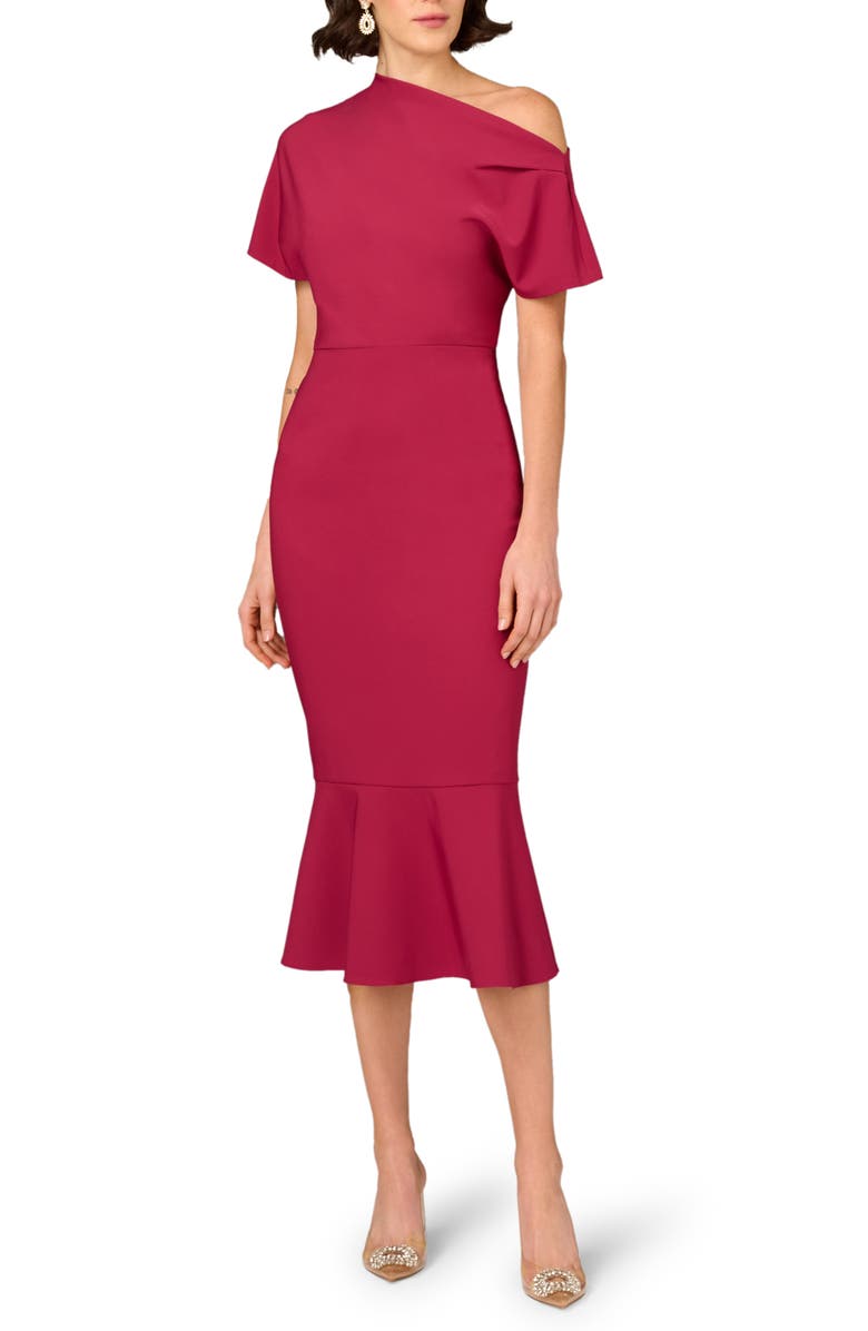 Aidan Mattox One-Shoulder Stretch Crepe Cocktail Midi Dress, Main, color, Meritage