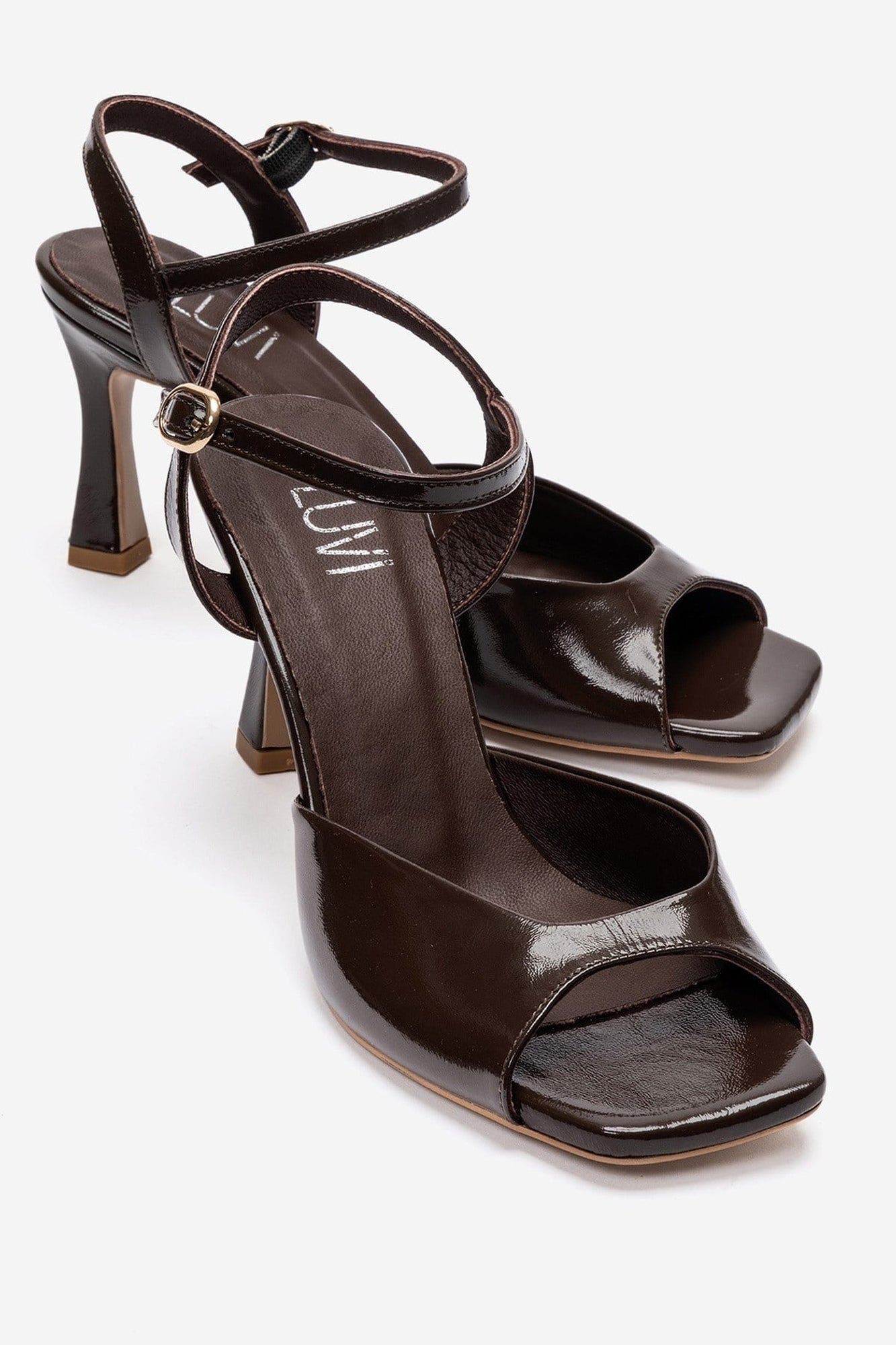 Elvia Leather Stiletto Ankle Strap Sandal, Main, color, Brown Patent