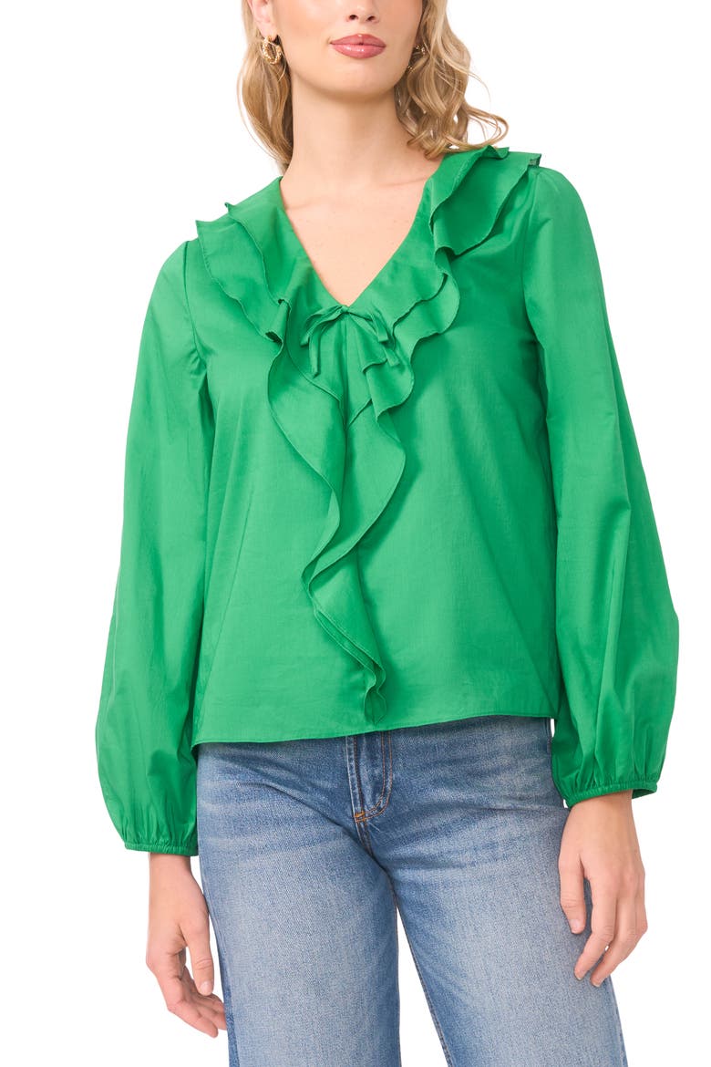 Double Ruffle Long Sleeve Cotton Top, Main, color, FIELD GREEN