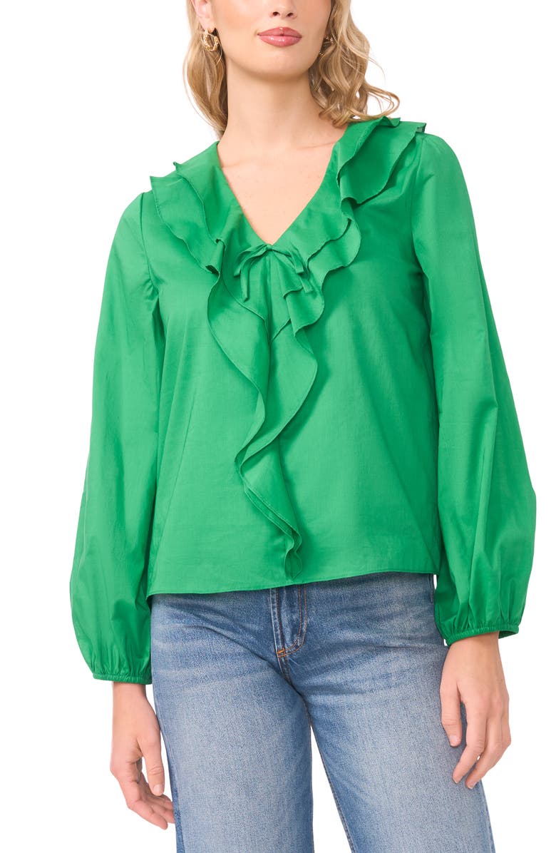 Vince Camuto Double Ruffle Long Sleeve Cotton Top, Main, color, Field Green
