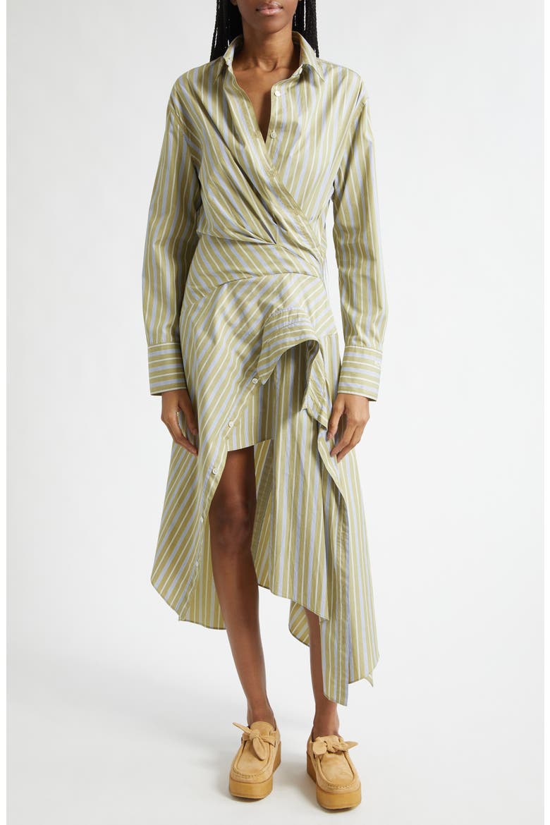 Cascade Stripe Long Sleeve Deconstructed Shirtdress, Main, color, LIGHT OLIVE