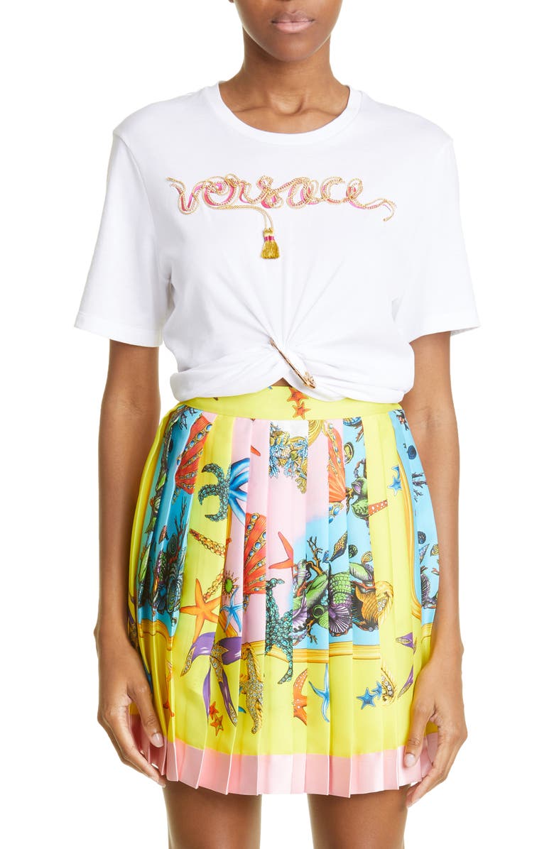 Versace Trésor de la Mer Print Pleated Miniskirt, Main, color, 