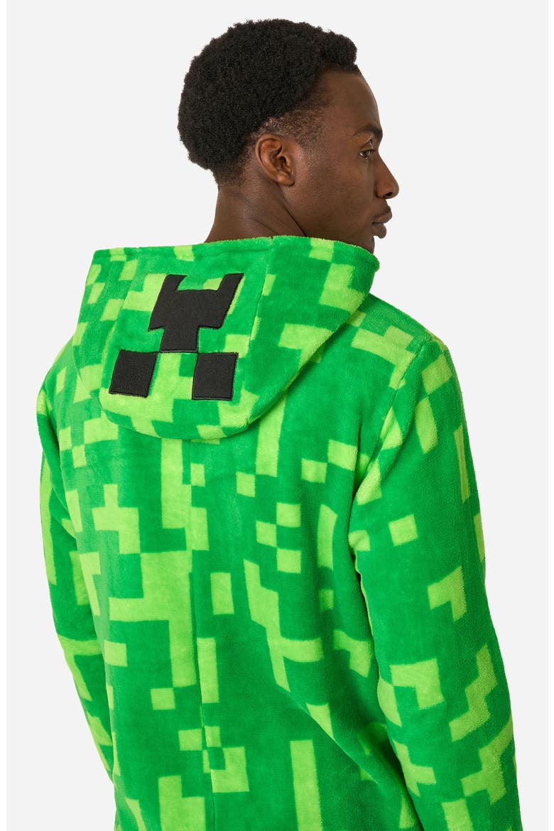 Creeper Minecraft™ Long Sleeve Hooded Fleece Jumpsuit, Alternate, color, GREEN
