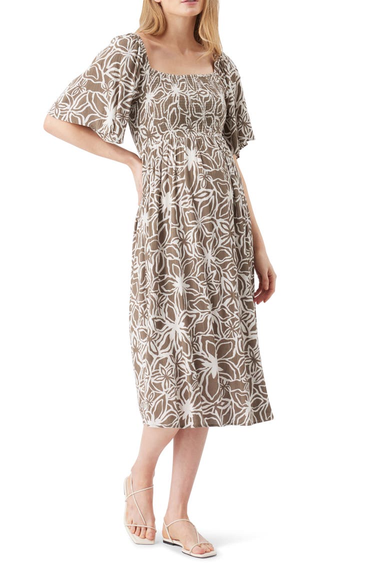 Alona Shirred Dress, Main, color, Olive / White