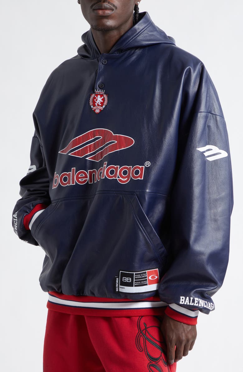 Balenciaga 3B Leather Polo Hoodie, Alternate, color, 4100 Dark Navy