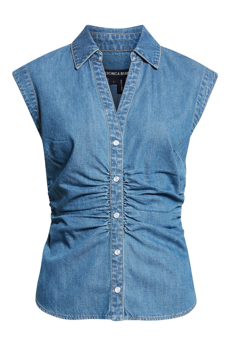 Sera Center Ruched Sleeveless Denim Button-Up Shirt, Alternate, color, SERENDIPITY