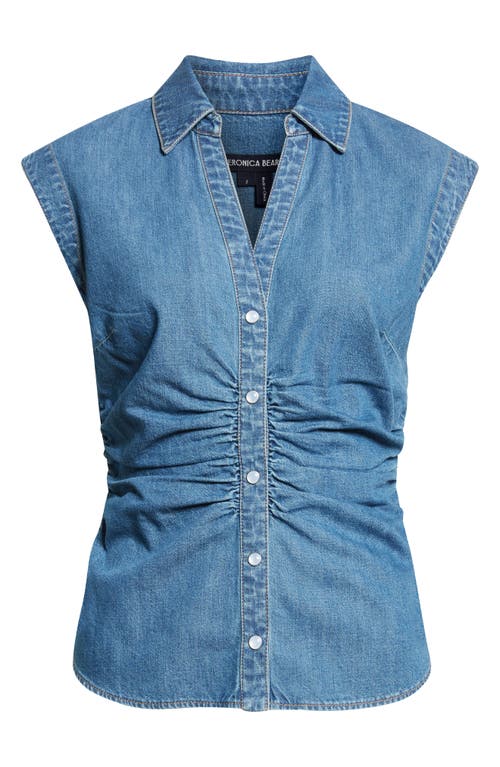 Veronica Beard Sera Center Ruched Sleeveless Denim Button-up Shirt In Blue