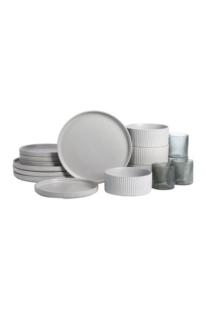 Haven Stoneware 16-Piece Dinnerare Set with Glasses, Main, color, Grey 12-piece