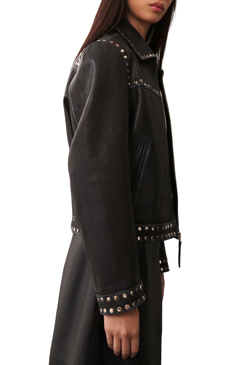 MANGO Studded Leather Jacket, Alternate, color, Black