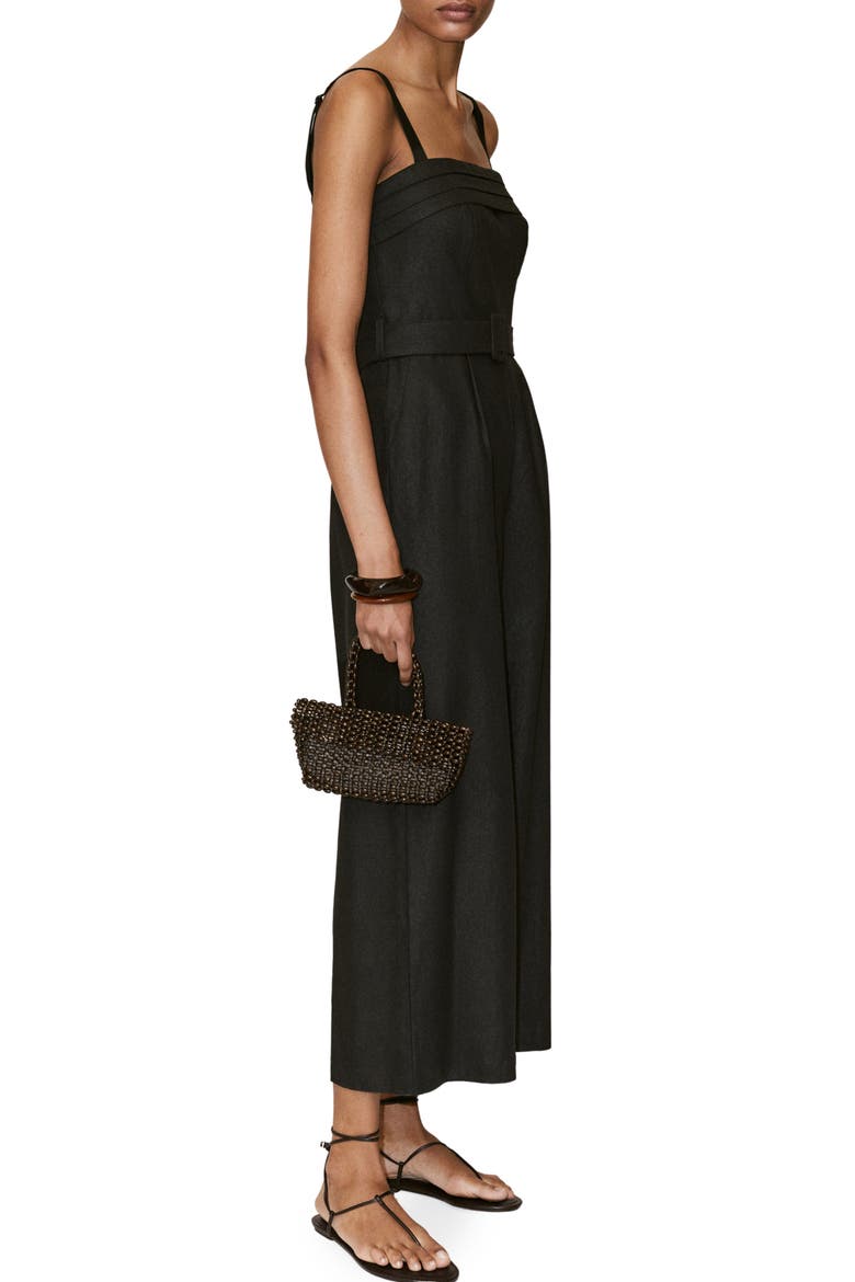 Belted Sleeveless Linen Blend Jumpsuit, Main, color, BLACK