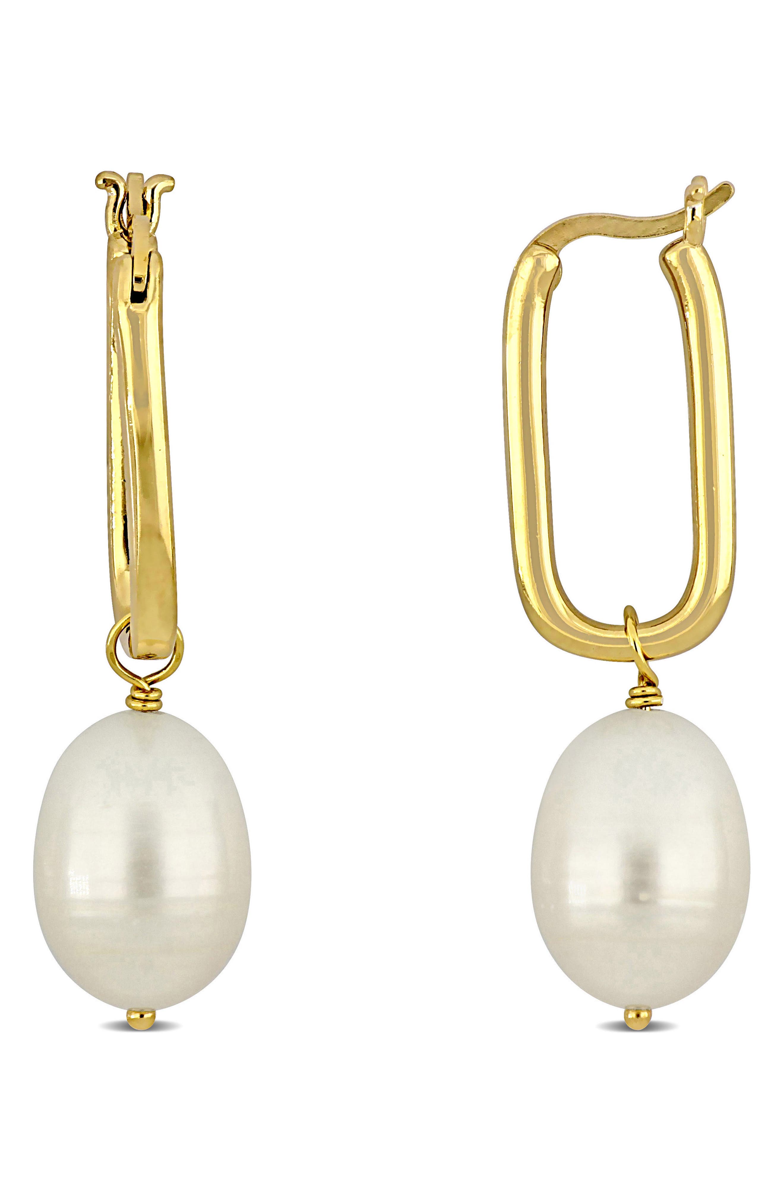 DELMAR 10-10.5mm Rice Shape Cultured Freshwater Pearl Drop Earrings