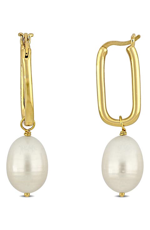 10-10.5mm Rice Shape Cultured Freshwater Pearl Drop Earrings
