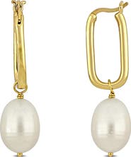 DELMAR 10-10.5mm Rice Shape Cultured Freshwater Pearl Drop Earrings