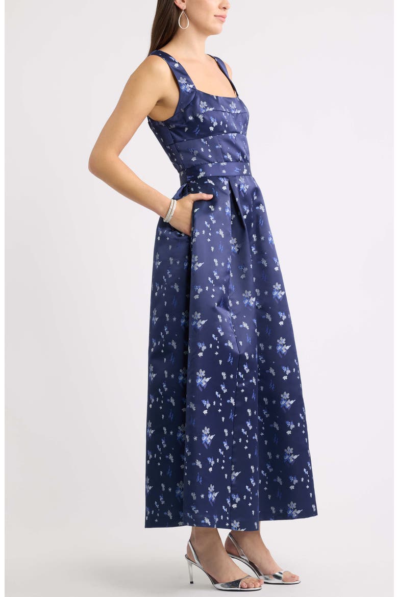 Pleated Seamed Bodice Jacquard Maxi Cocktail Dress, Alternate, color, NAVY BROCADE