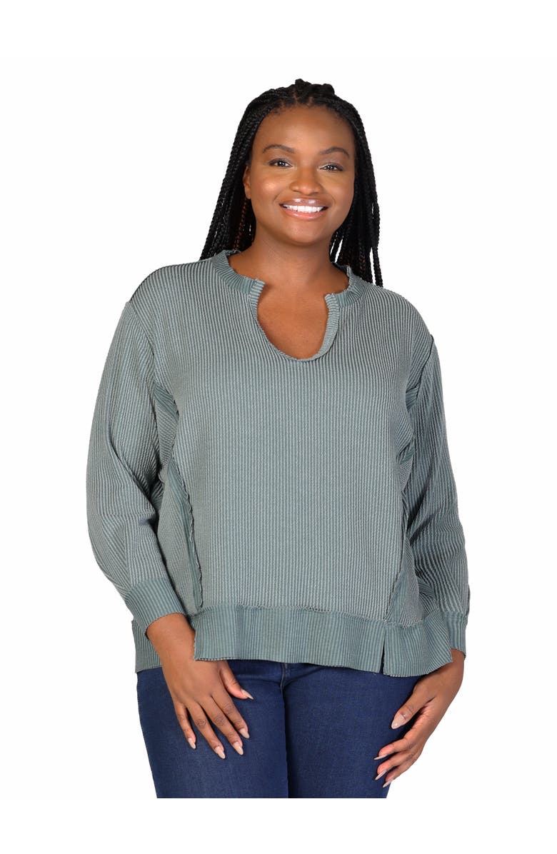 24seven Comfort Apparel Relaxed Fit Ribbed Knit V-Neck Sweatshirt Top, Main, color, Green
