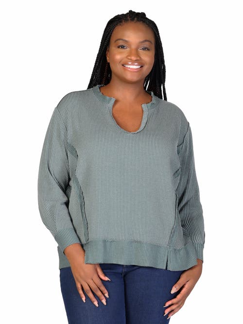 24seven Comfort Apparel Relaxed Fit Ribbed Knit V-neck Sweatshirt Top In Green