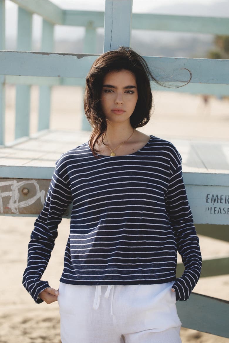 Camille Linen Striped Top, Alternate, color, CLASSIC NAVY/WHITE