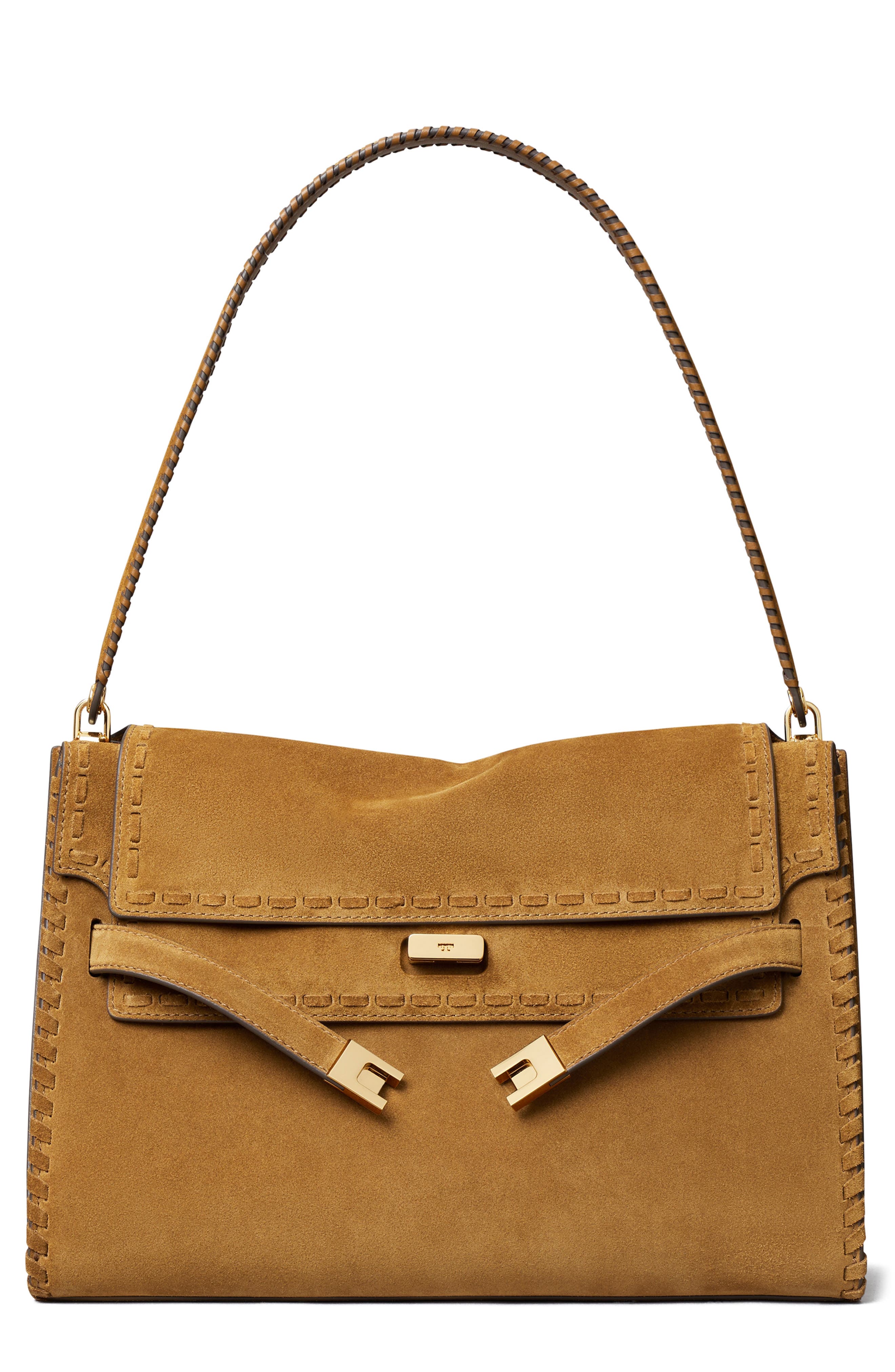 Tory Burch Large Lee Radziwill Suede Shoulder Bag, Main, color, Wild Tabacco