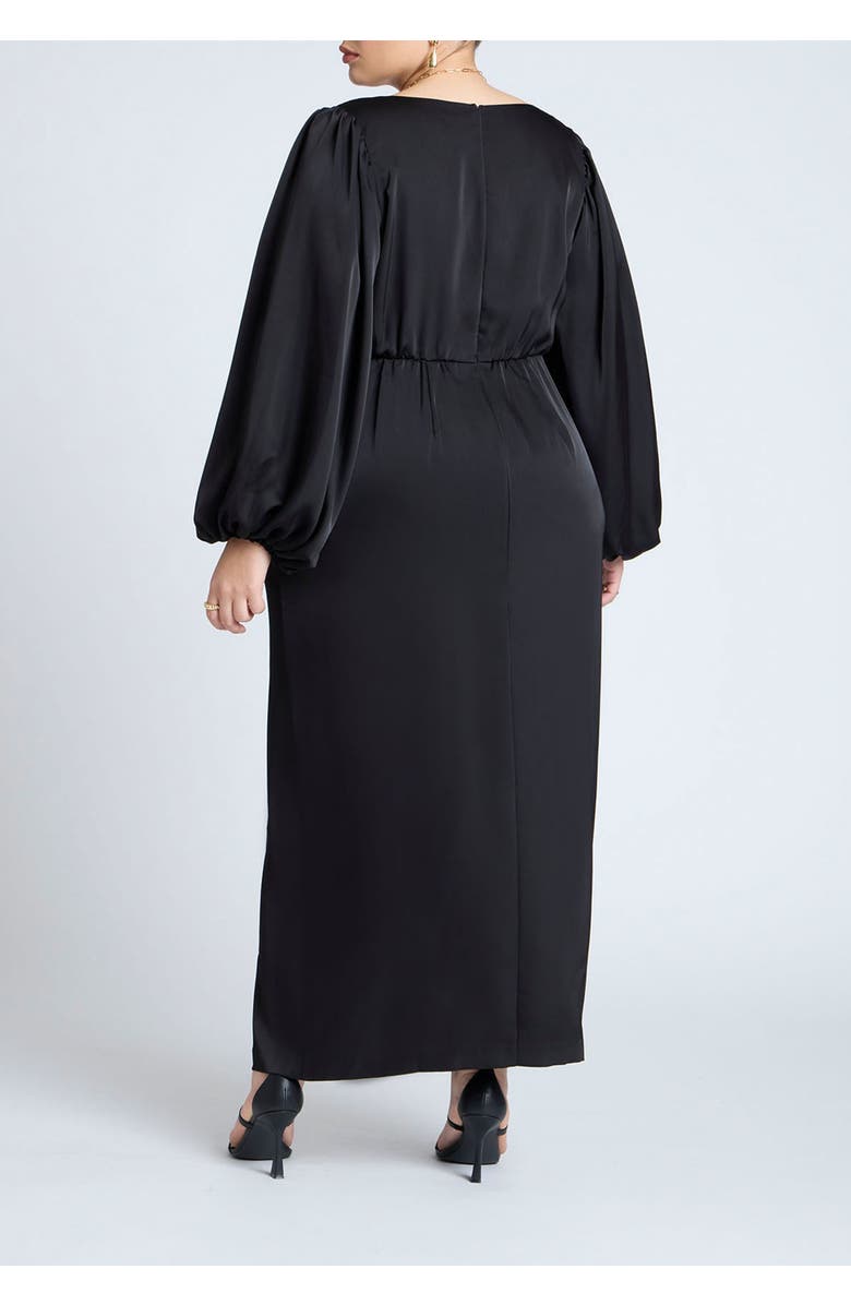 ELOQUII Satin Puff Sleeve Pleated Dress, Alternate, color, Black Onyx
